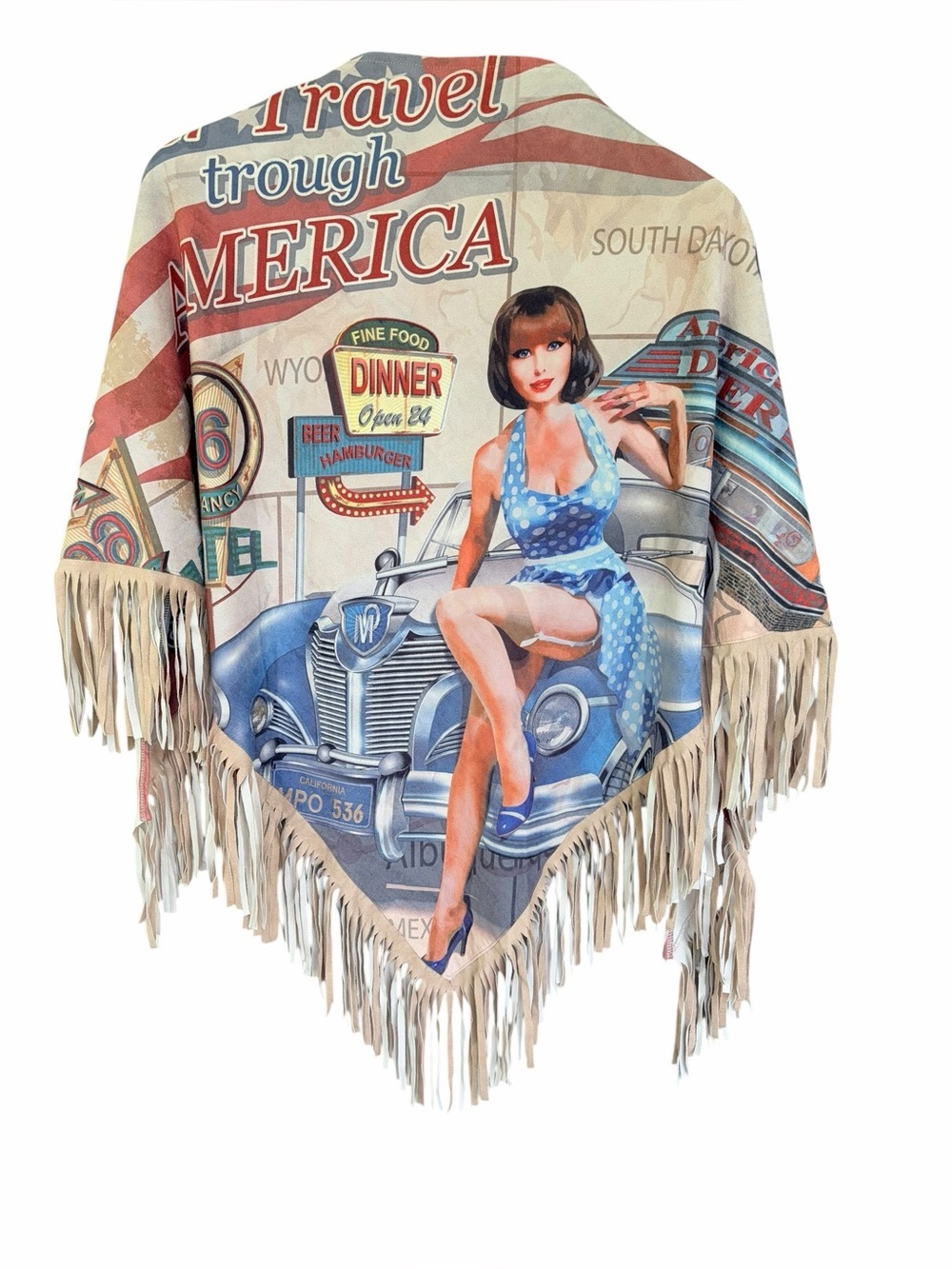 Vintage-Style Americana Pin-Up Graphic Fringe Poncho/Fringed Shawl